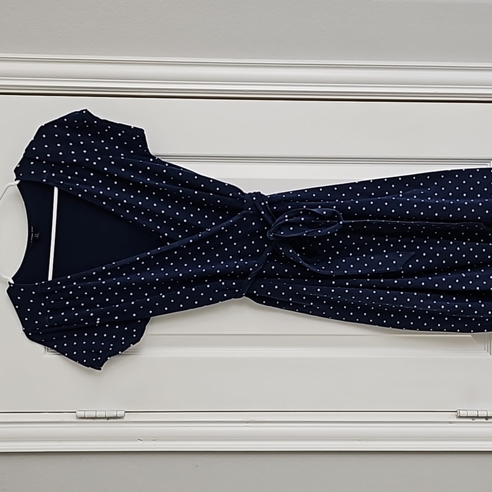 LANDS' END Classic Polka Dot Navy Jersey Wrap Dress Easter